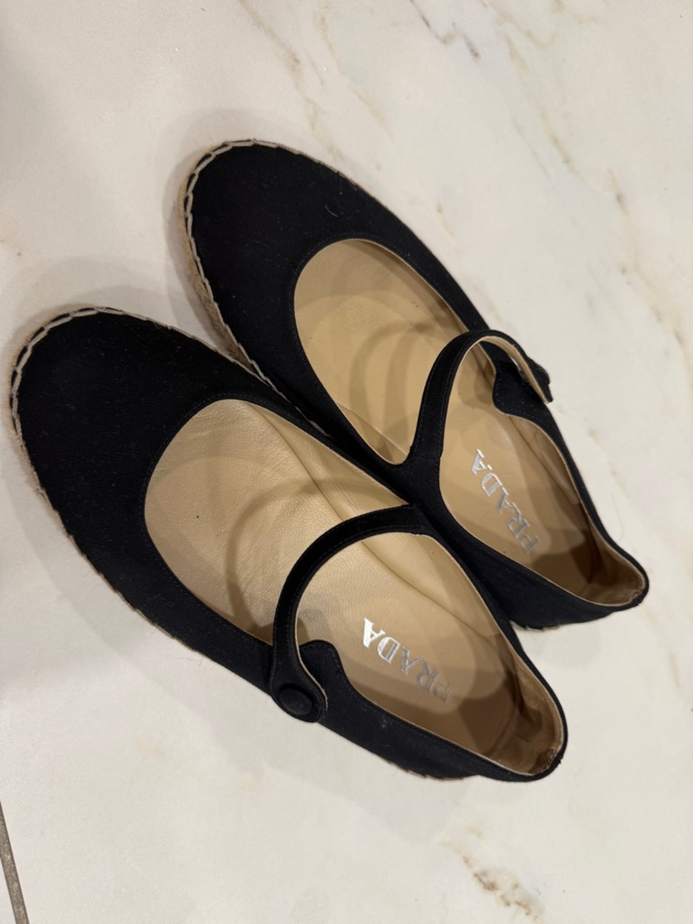 Prada Black Mary Jane Espadrille Flats with Button Strap